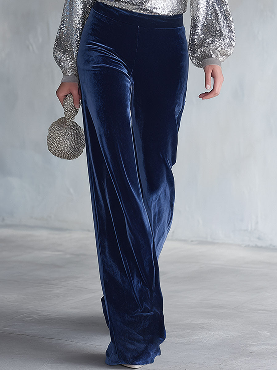 Glamorous Evening Party Silver Sequin V-Neck Top and Blue Velvet Wide-Leg Trousers Set - By Qivii