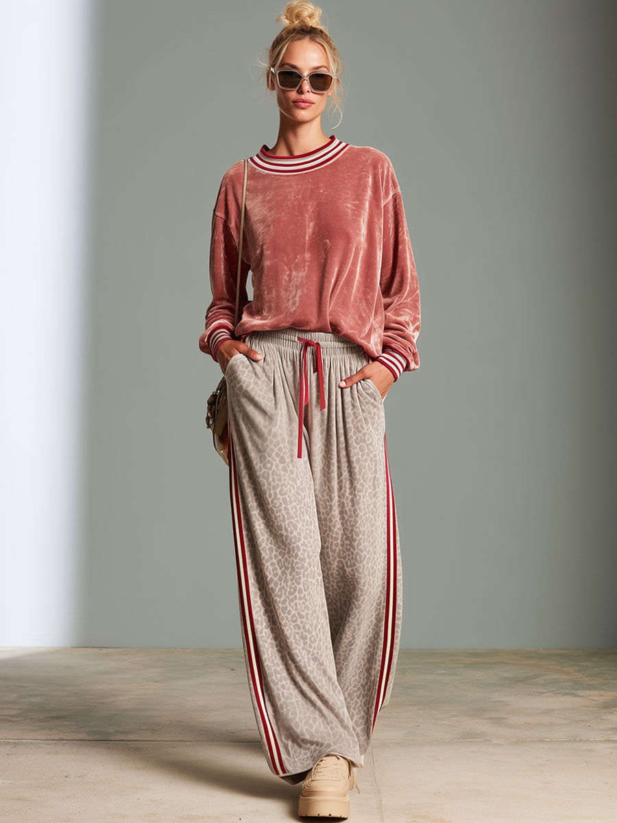 Casual Retro Pink Shiny Velvet Sweatshirt And Leopard Print Pants Set - By Qivii