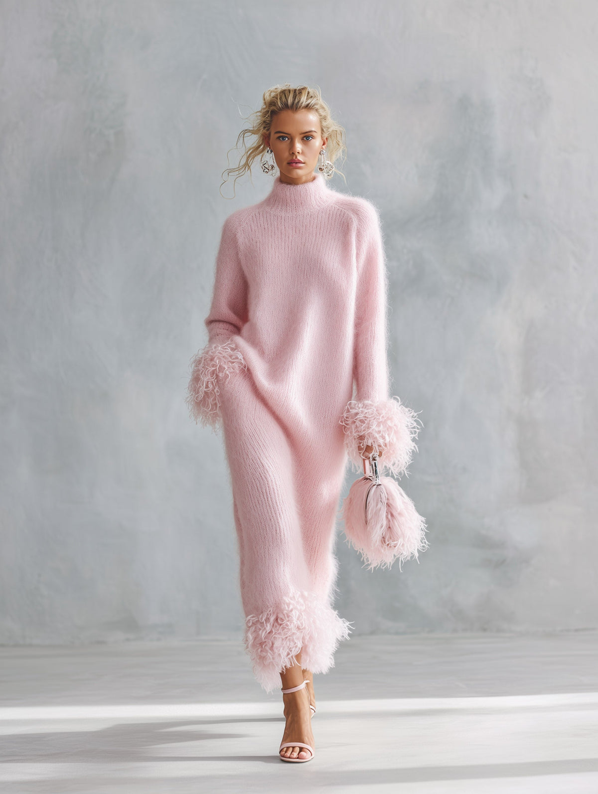 Stylish And Warm Faux-Fur Trimmed Pink Mock-Neck Mohair Knit Maxi Dress - By Qivii