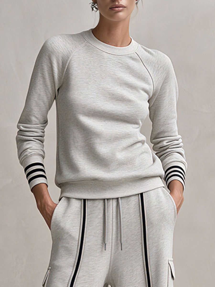 Women's Light Gray Cotton Crew Neck Sweatshirt And Cargo Pants Set - By Qivii