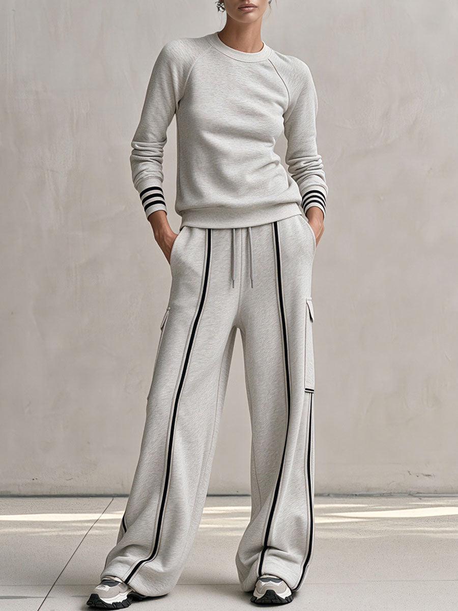 Women's Light Gray Cotton Crew Neck Sweatshirt And Cargo Pants Set - By Qivii