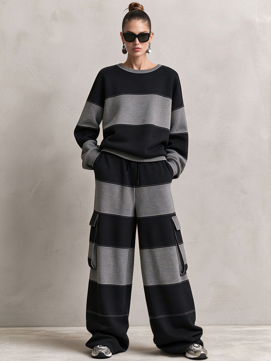 Casual Sports Black And Gray Striped Cotton Crew Neck Sweatshirt And Pants Set - By Qivii