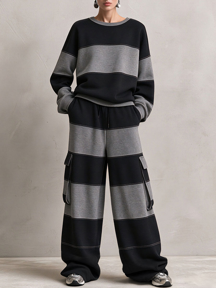 Casual Sports Black And Gray Striped Cotton Crew Neck Sweatshirt And Pants Set - By Qivii