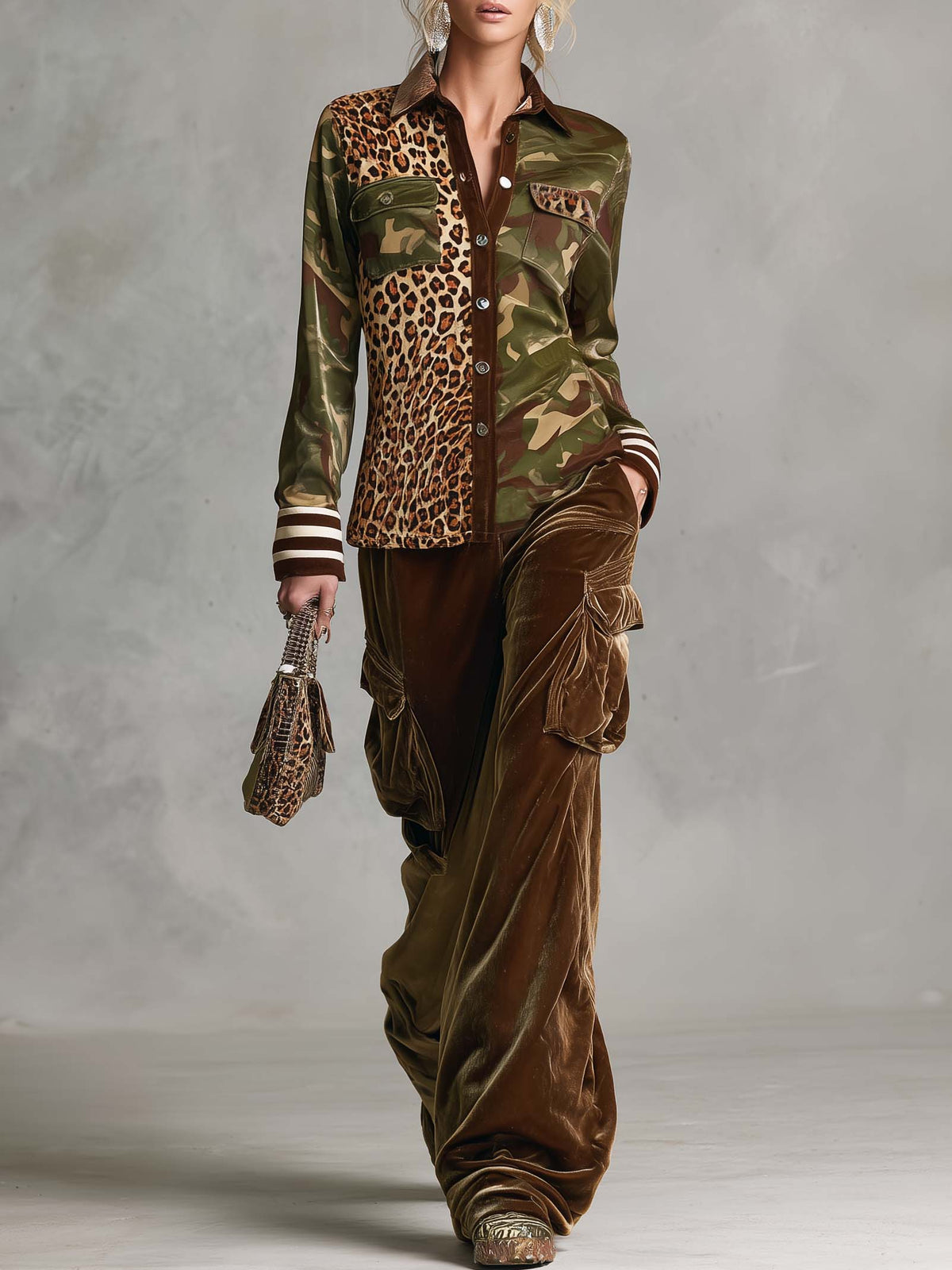 Vintage Military Leopard Print Camo Button-Down Shirt And Velvet Cargo Pants Set - By Qivii