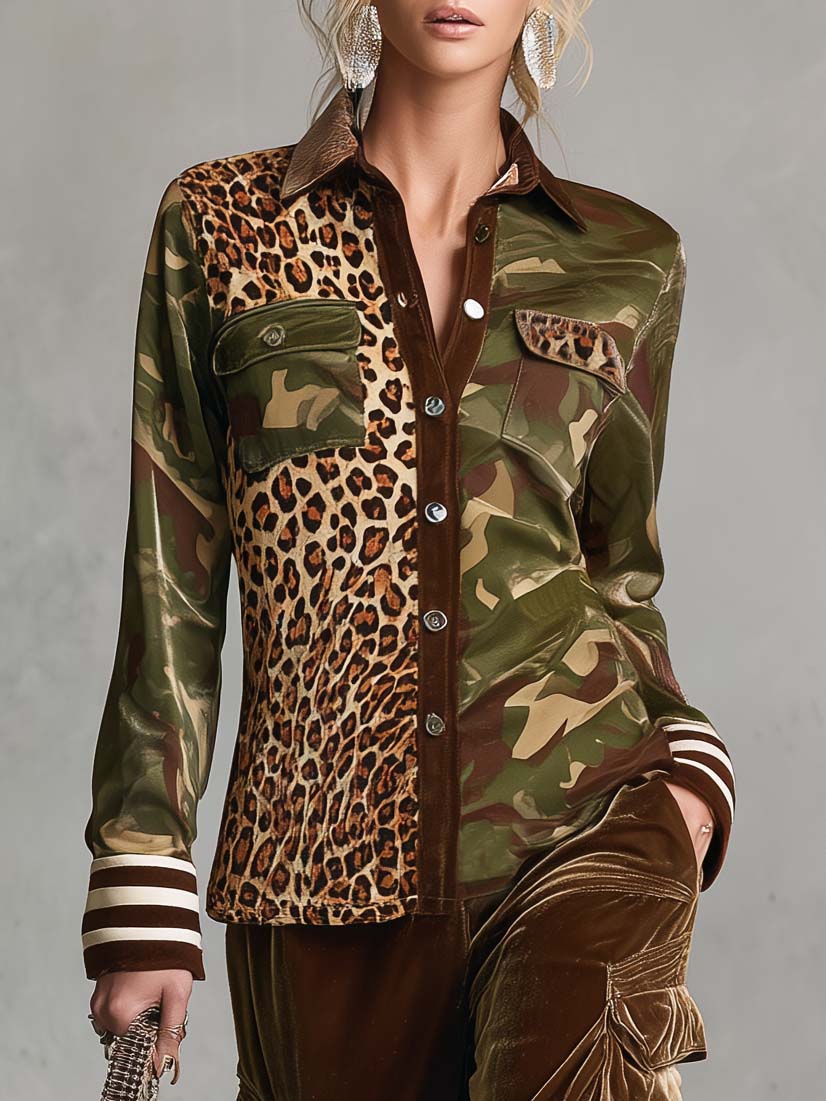 Vintage Military Leopard Print Camo Button-Down Shirt And Velvet Cargo Pants Set - By Qivii