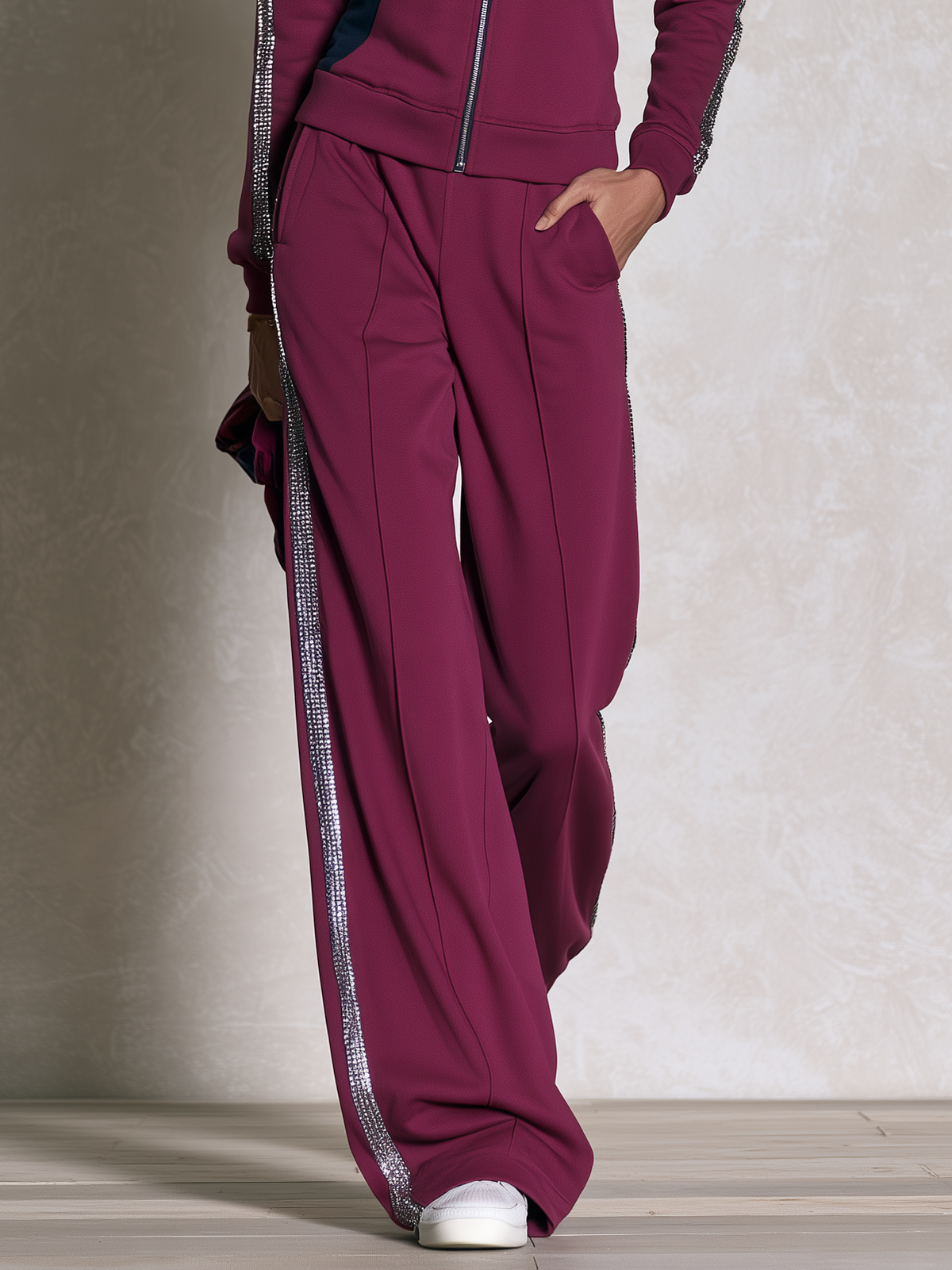 Women's Retro Color-Block Zip-Up Sweatshirt And Wide-Leg Pants Set With Sparkle Stripes - By Qivii