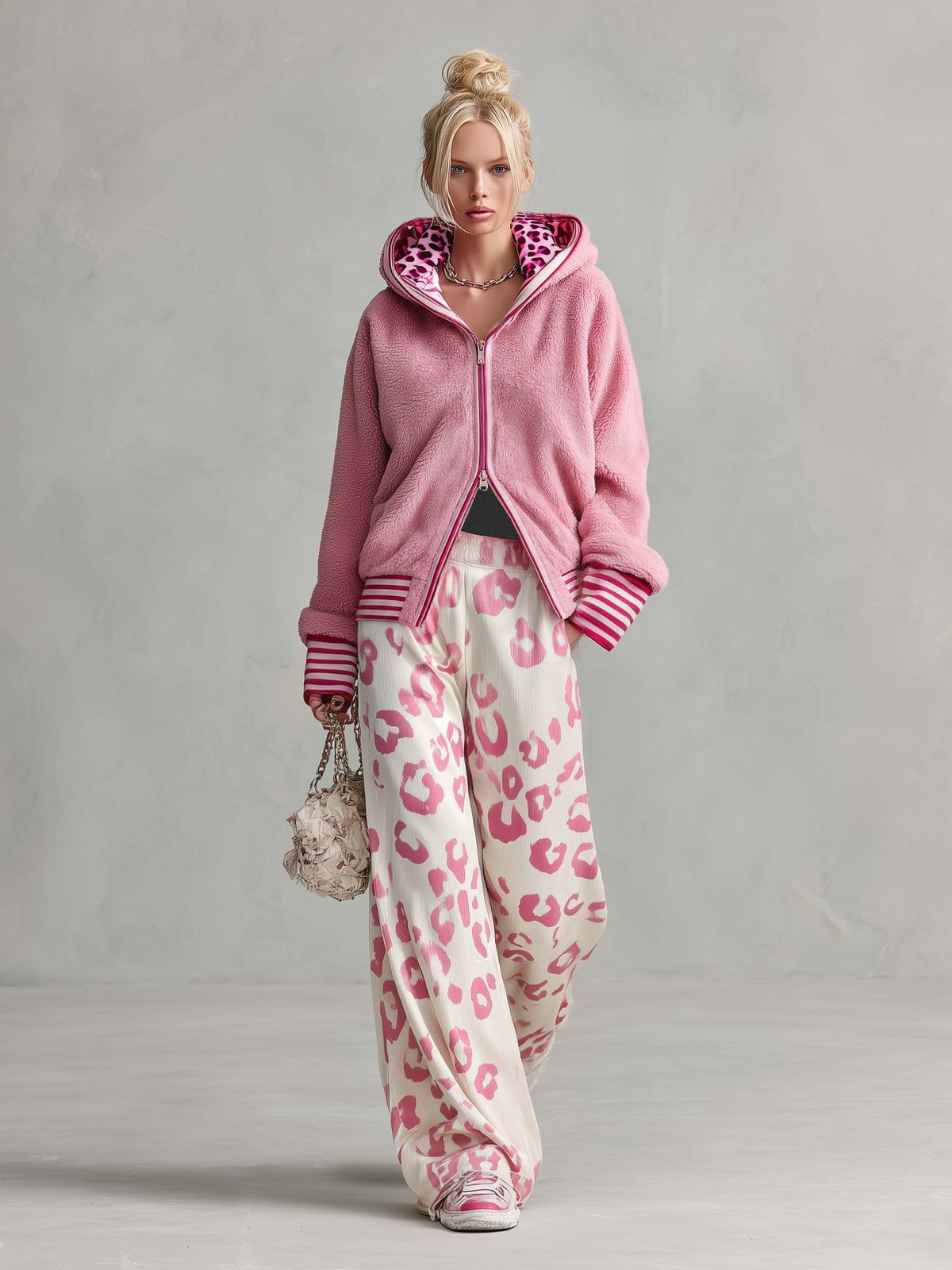 Retro Sporty Lazy Pink Sherpa Zip Hoodie And Leopard Print Velvet Wide-leg Pants Set - By Qivii