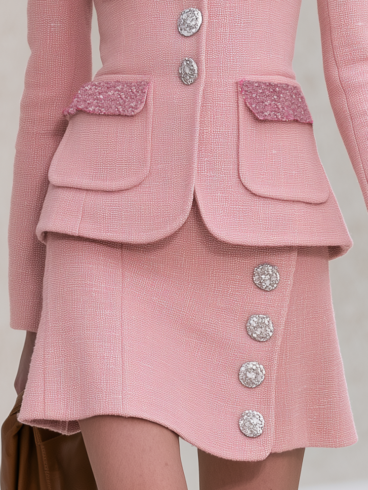 Retro Chic Pink Tweed Sequin Pocket Blazer Jeweled Button Mini Skirt Set - By Qivii