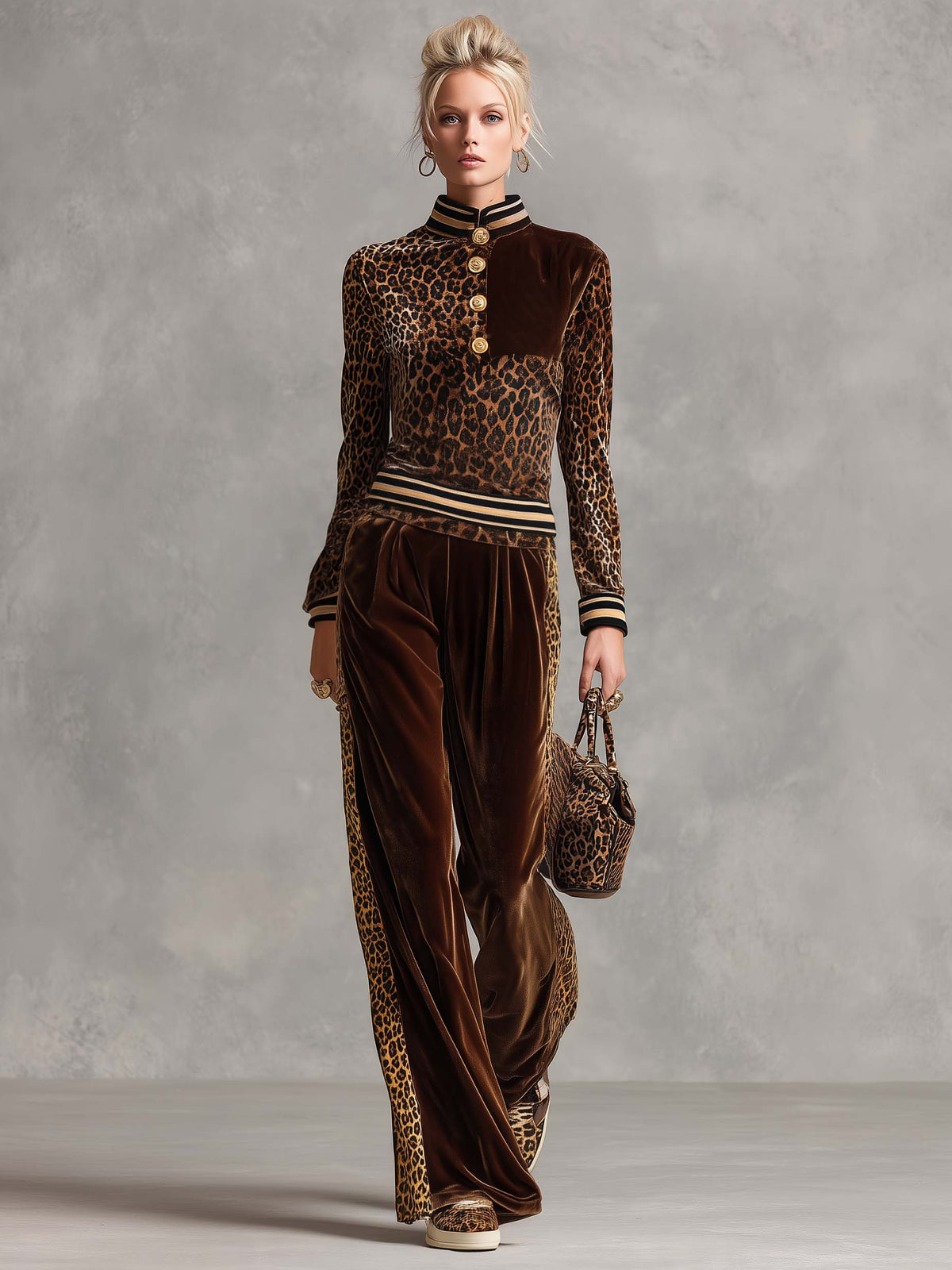 Vintage Chic Brown Leopard Velvet Striped Trim Top Wide-leg Pants Matching Set - By Qivii