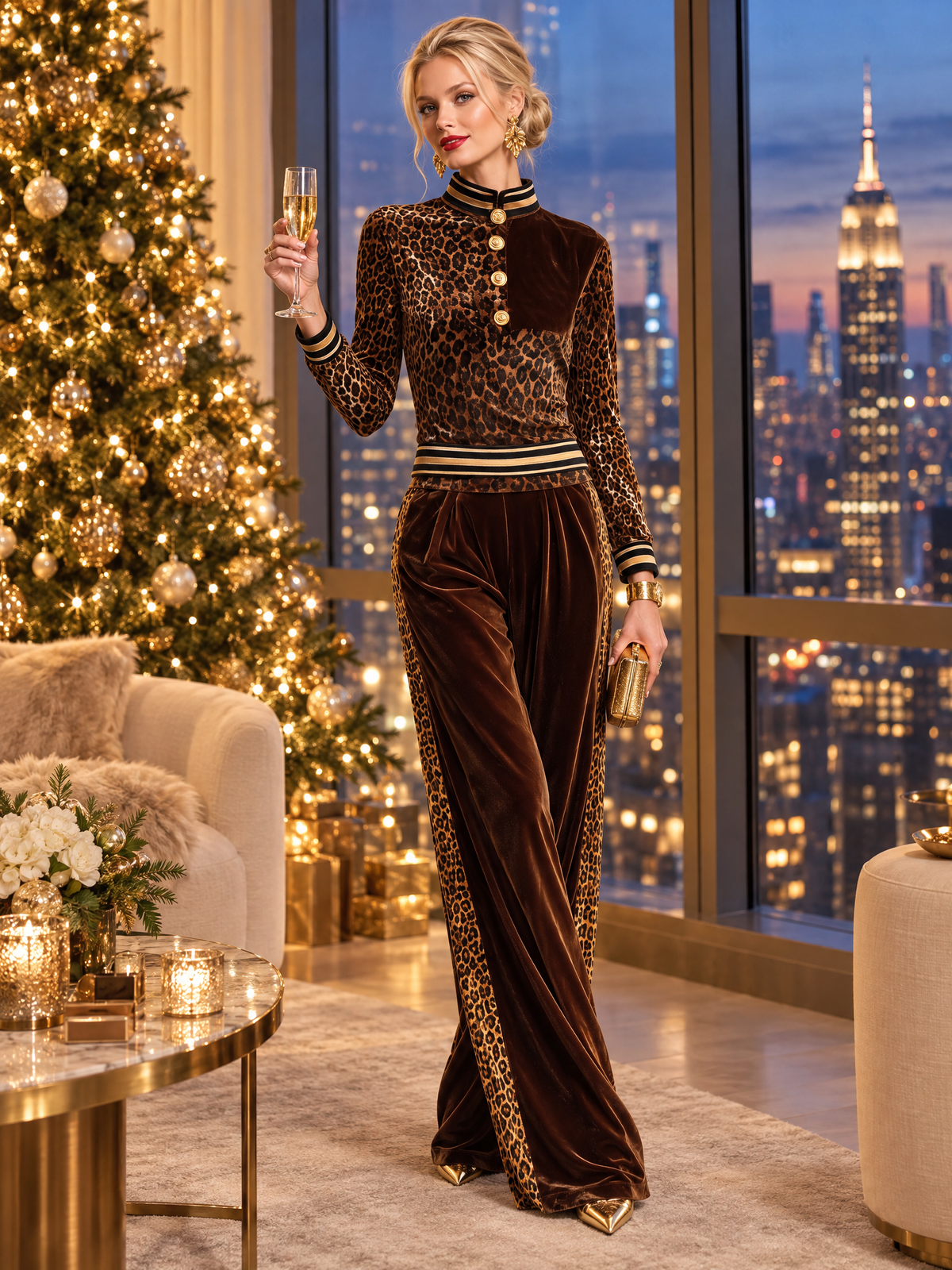 Vintage Chic Brown Leopard Velvet Striped Trim Top Wide-leg Pants Matching Set - By Qivii
