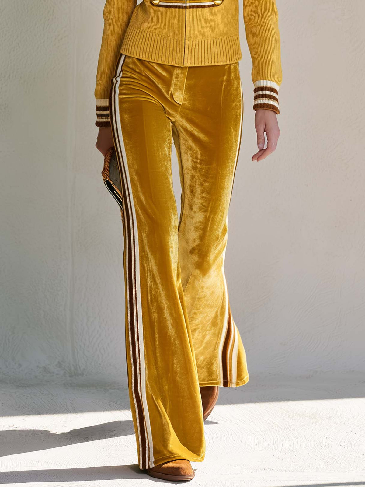 Retro military mustard knit zip-up cardigan with side stripe velvet flare pants set, stylish women's clothing by Oyrosy Clothing.