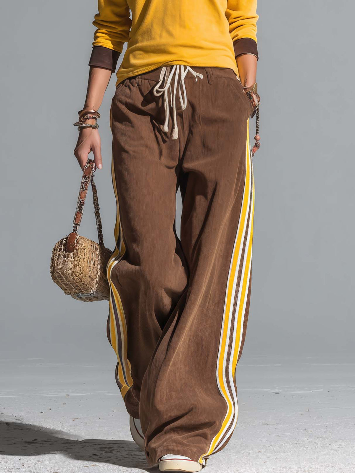 Retro Sporty Color Block Polo Top Side Stripe Wide Leg Pants Set - By Qivii