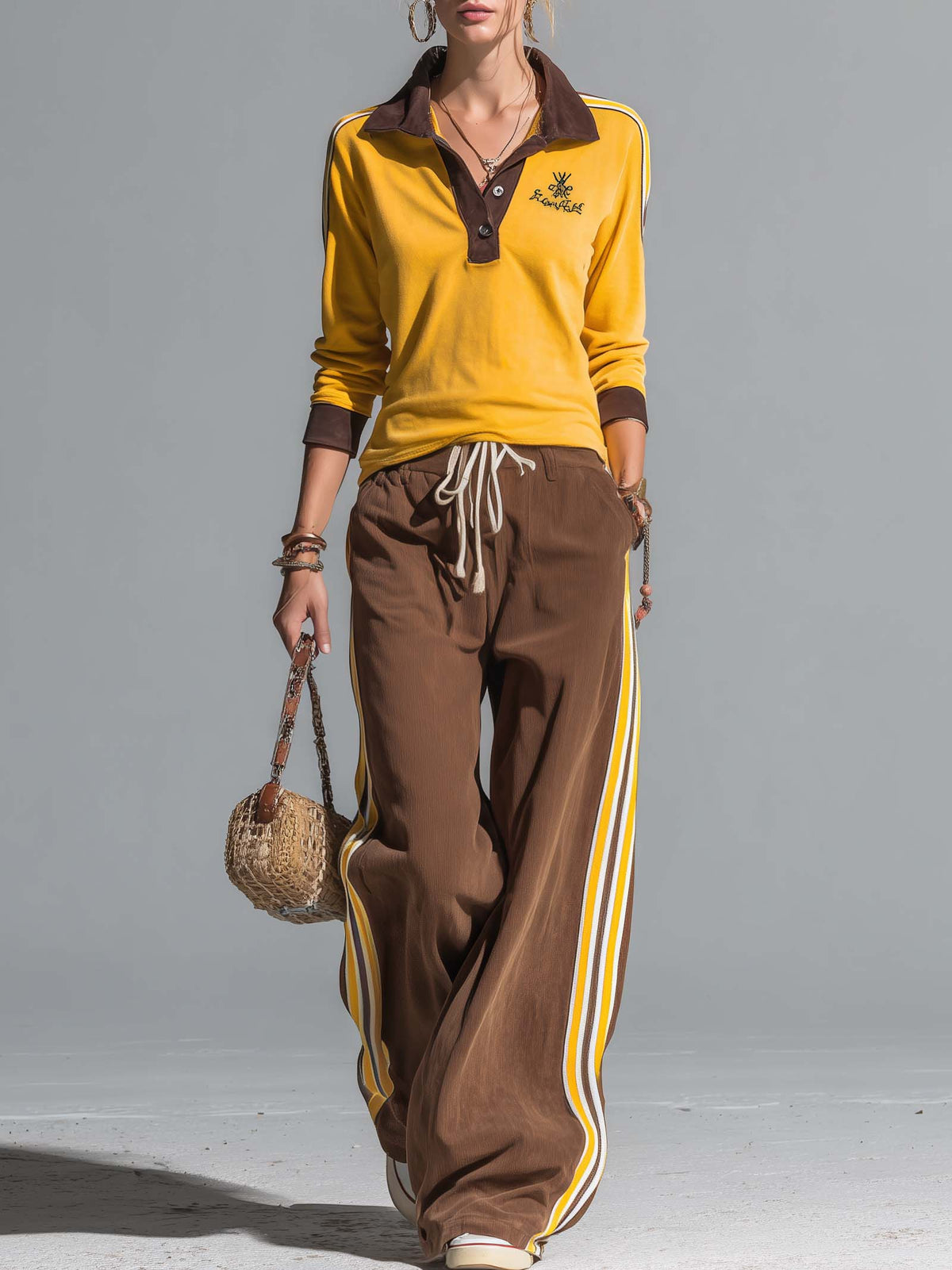 Retro Sporty Color Block Polo Top Side Stripe Wide Leg Pants Set - By Qivii