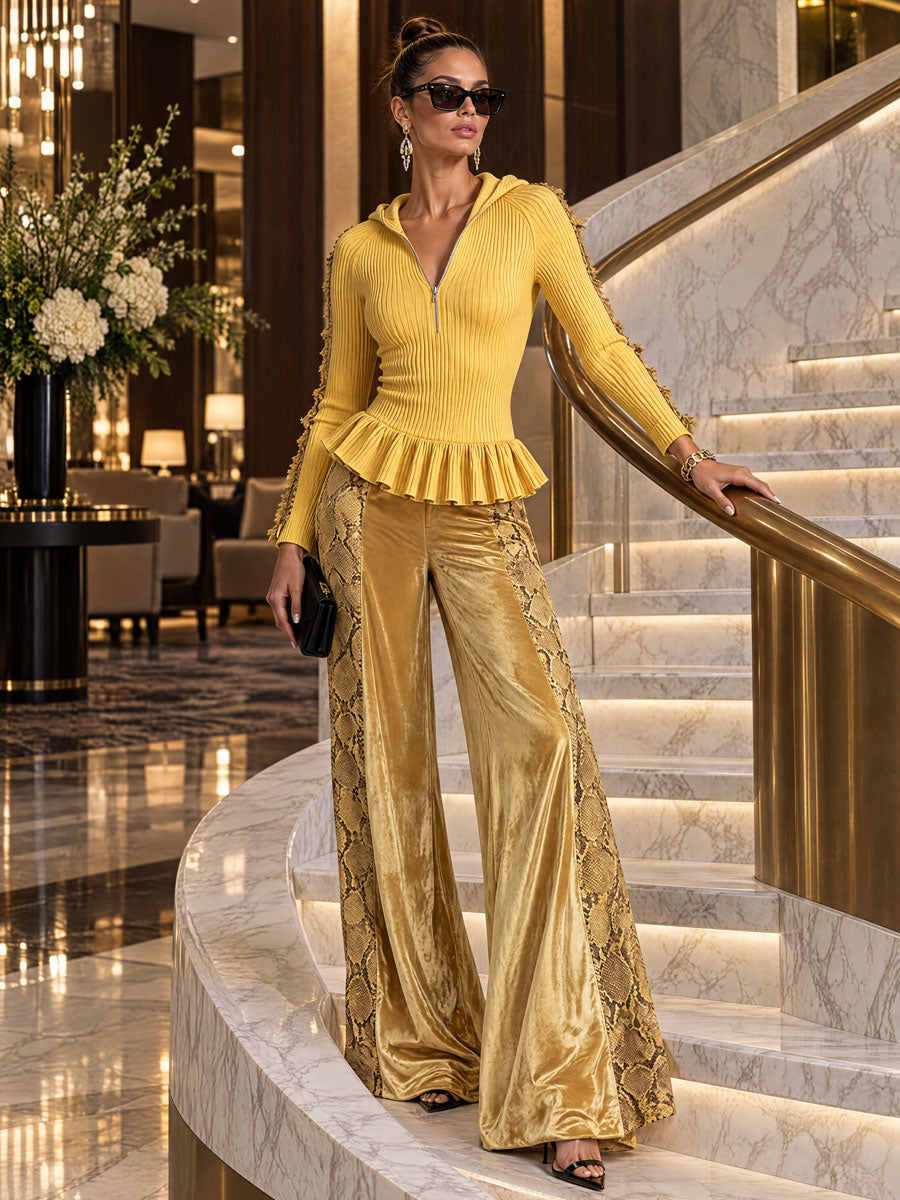 Women's Fashionable Yellow Knitted Hooded Top With Ruffles And Snakeskin Velvet Pants Set - By Qivii