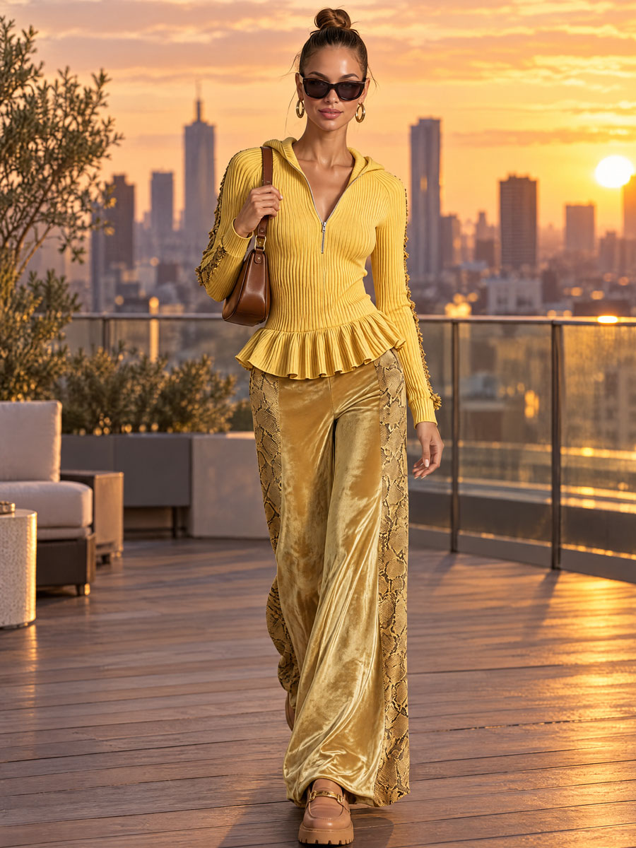 Women's yellow knitted hooded top with ruffles paired with snakeskin velvet pants, stylish Oyrosy Clothing set.