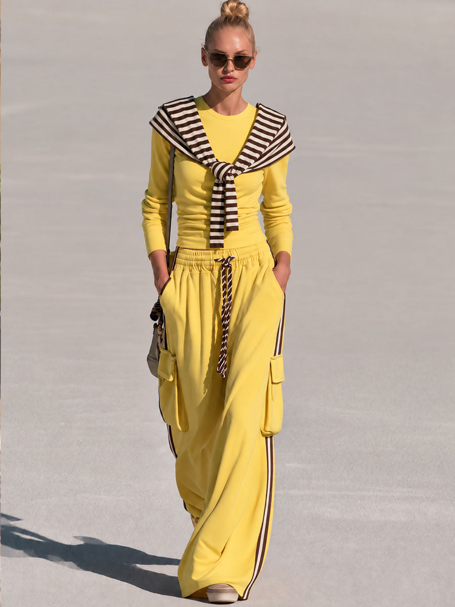 Casual Retro Chic Detachable Striped Shawl Yellow Sweatshirt And Pants Set - By Qivii