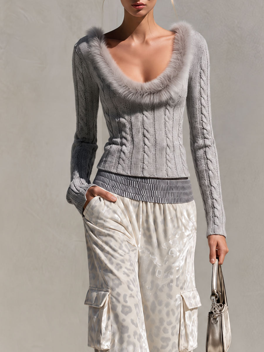 Stylish Retro Gray Faux Fur Collar Knit Sweater And Leopard Print Velvet Trousers Set - By Qivii