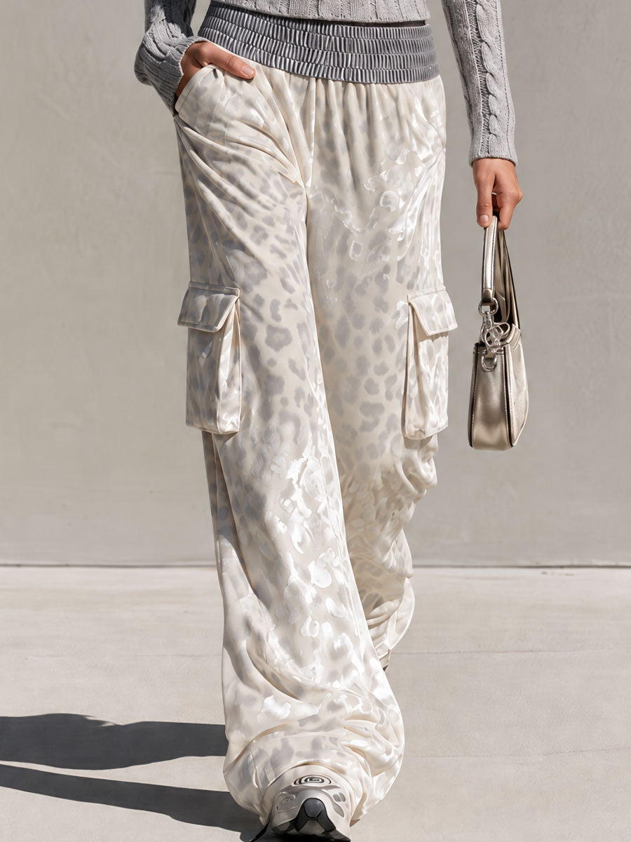 Stylish Retro Gray Faux Fur Collar Knit Sweater And Leopard Print Velvet Trousers Set - By Qivii