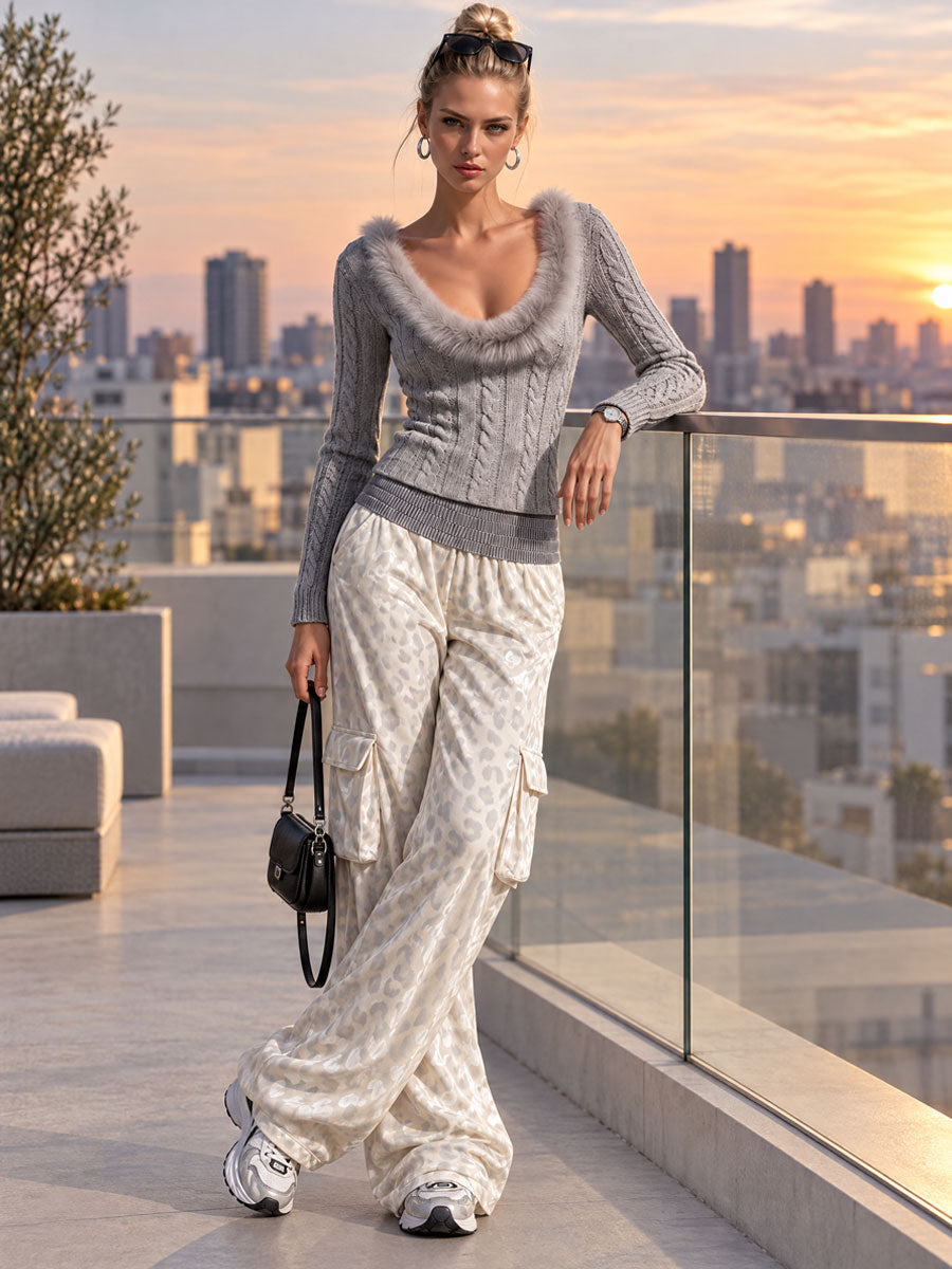 Stylish Retro Gray Faux Fur Collar Knit Sweater And Leopard Print Velvet Trousers Set - By Qivii