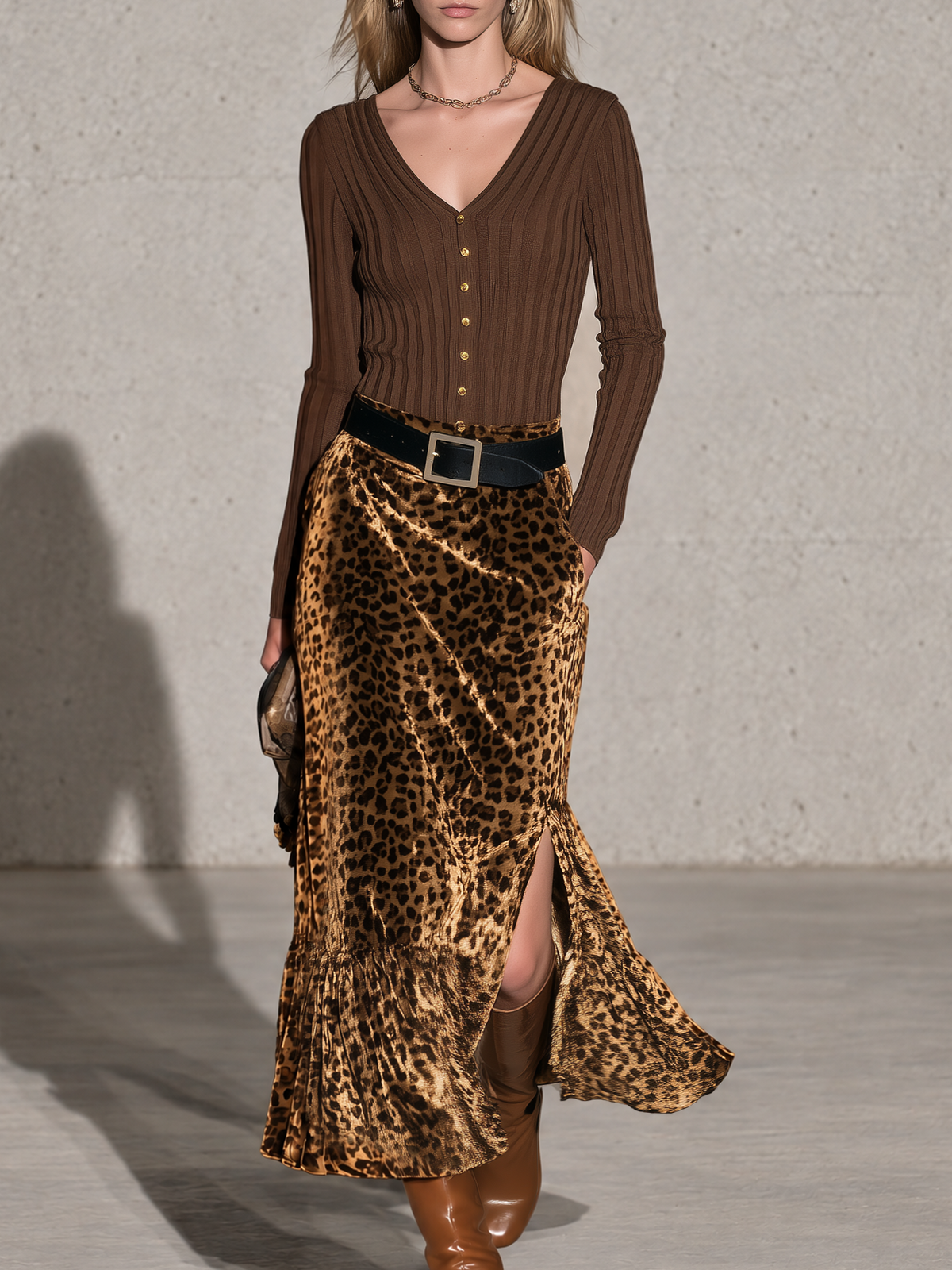 Women's Retro Elegant V-Neck Knit Top & Leopard Velvet Ruffle Skirt Set - By Qivii