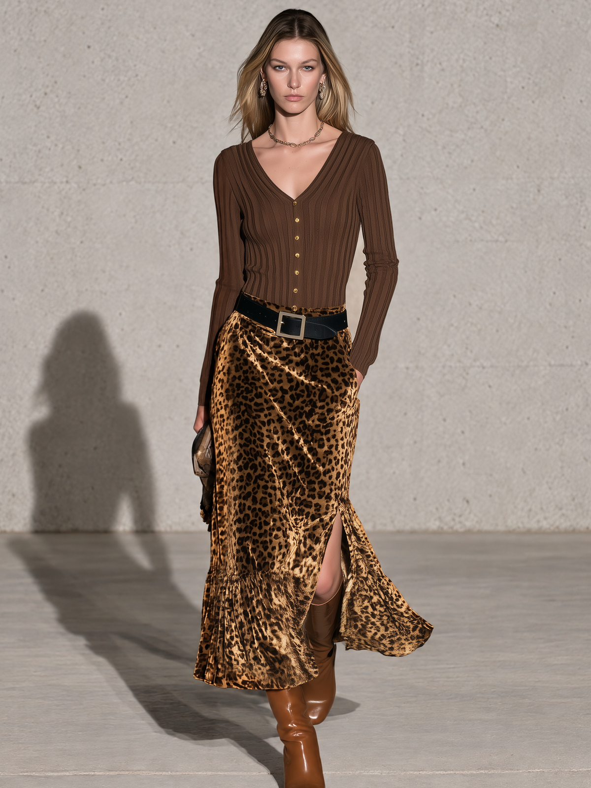 Women's Retro Elegant V-Neck Knit Top & Leopard Velvet Ruffle Skirt Set - By Qivii