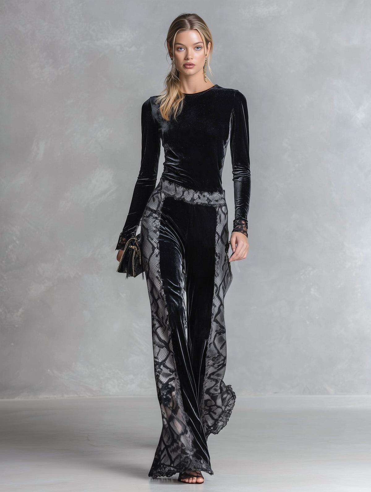 Elegant Snake-Print Trim Black Velvet T-Shirt And Wide-Leg Trousers Set - By Qivii
