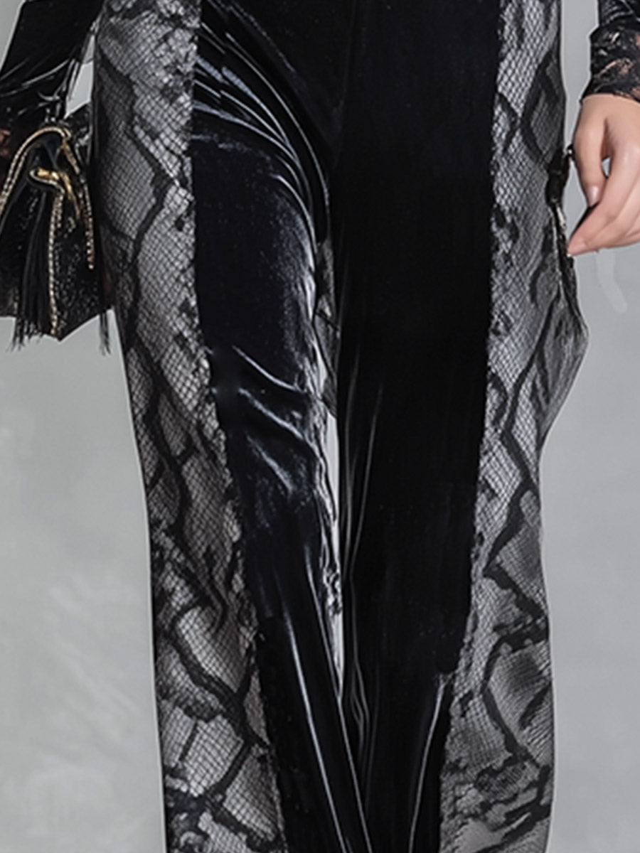 Elegant Snake-Print Trim Black Velvet T-Shirt And Wide-Leg Trousers Set - By Qivii