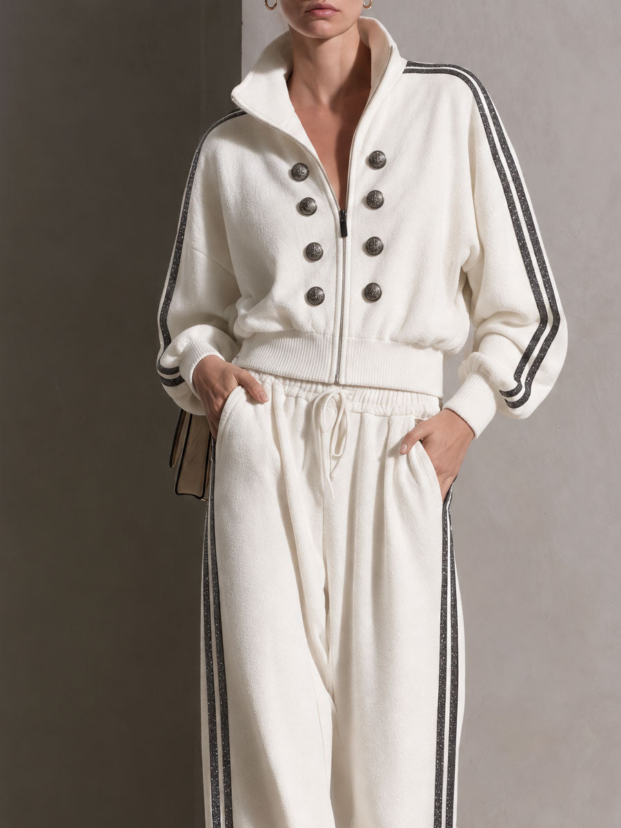 Casual Sporty Retro Double-Breasted Decorative Button White Cotton Jacket And Pants Set - By Qivii