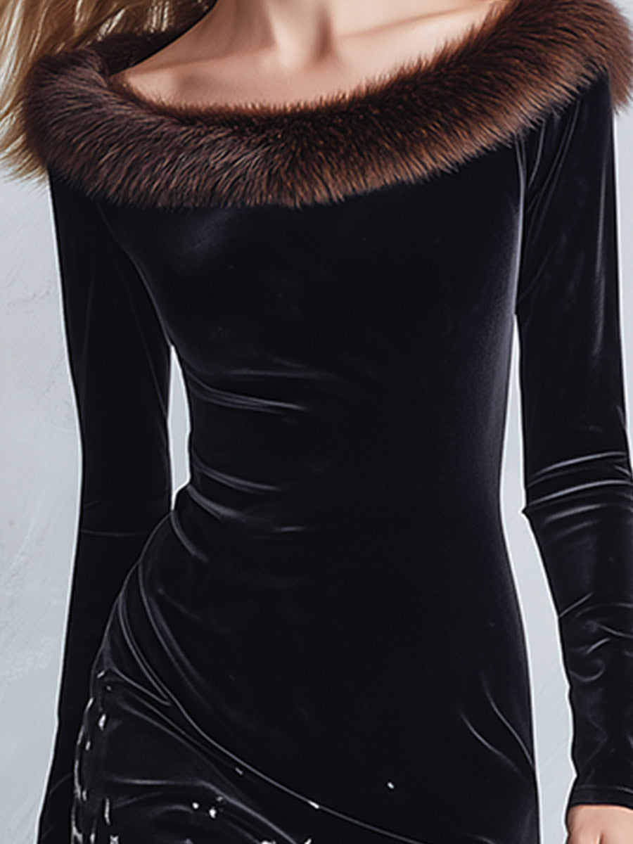 Elegant Party Faux-Fur-Trimmed Black Ombré Leopard-Print Velvet Maxi Dress - By Qivii