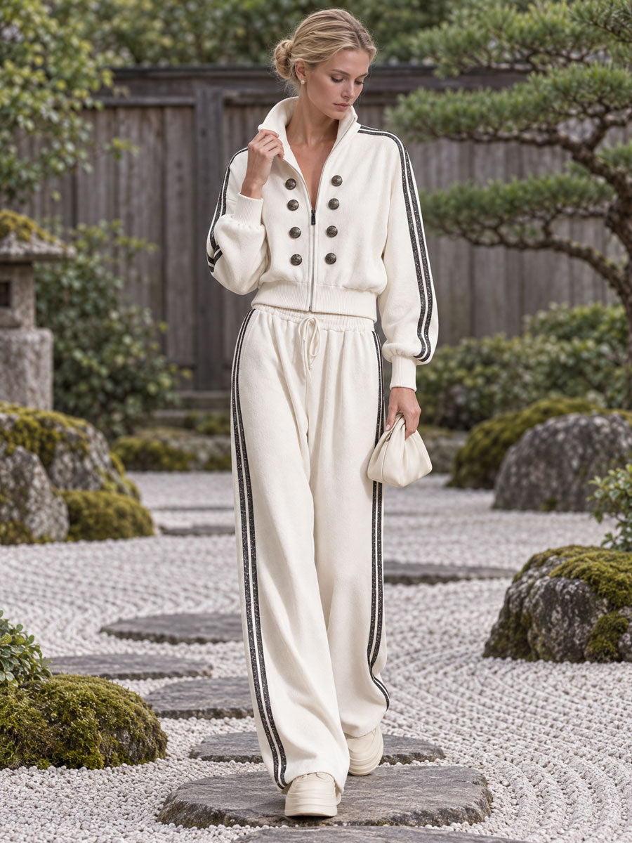 Casual Sporty Retro Double-Breasted Decorative Button White Cotton Jacket And Pants Set - By Qivii