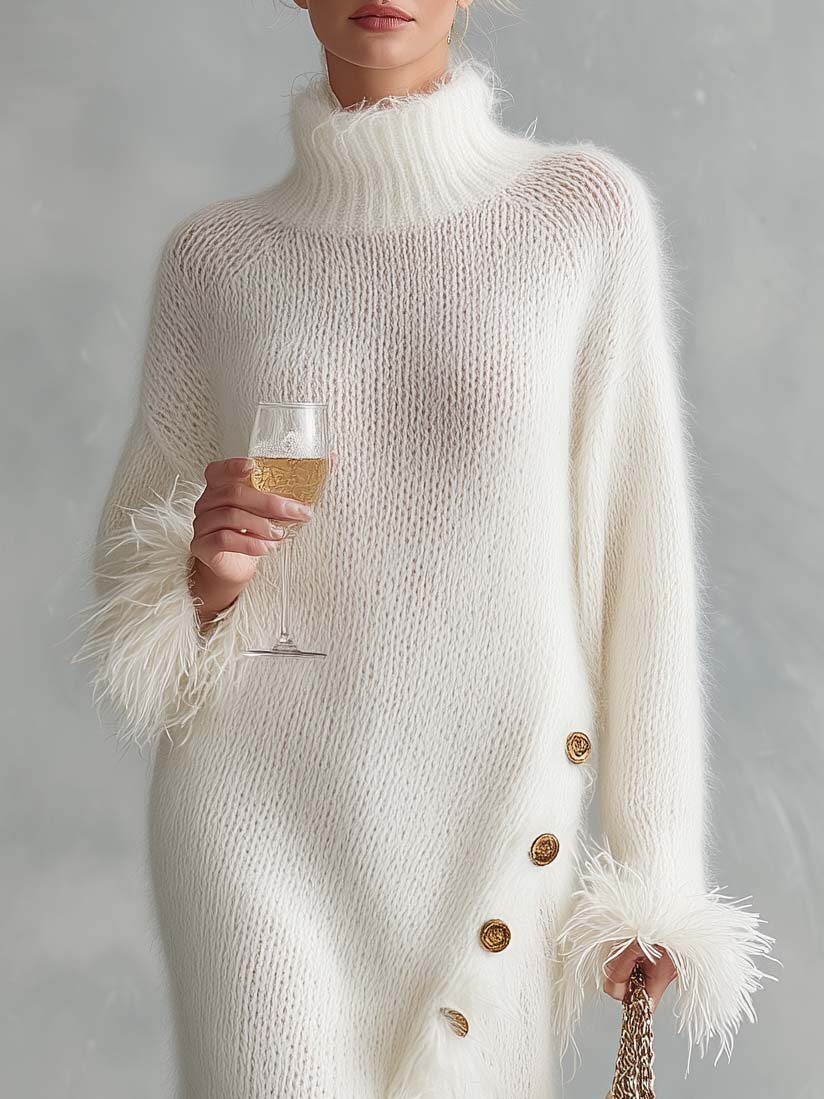 Elegant Ivory Fuzzy Mohair Feather Trim Turtleneck Side Slit Maxi Sweater Dress - By Qivii