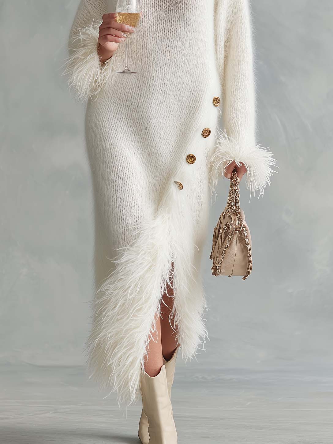 Elegant Ivory Fuzzy Mohair Feather Trim Turtleneck Side Slit Maxi Sweater Dress - By Qivii