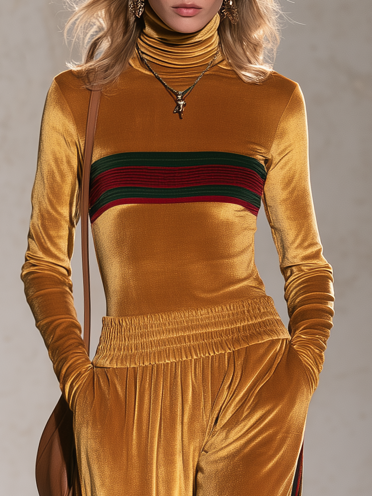 Retro Chic Mustard Velvet Leopard Turtleneck Top & Wide-Leg Pants Set - By Qivii