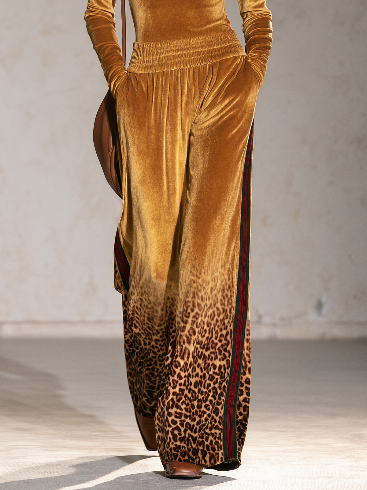 Retro Chic Mustard Velvet Leopard Turtleneck Top & Wide-Leg Pants Set - By Qivii