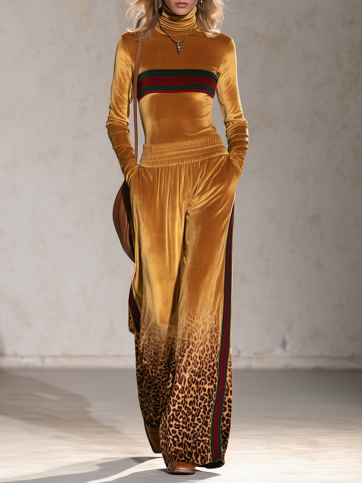 Retro Chic Mustard Velvet Leopard Turtleneck Top & Wide-Leg Pants Set - By Qivii