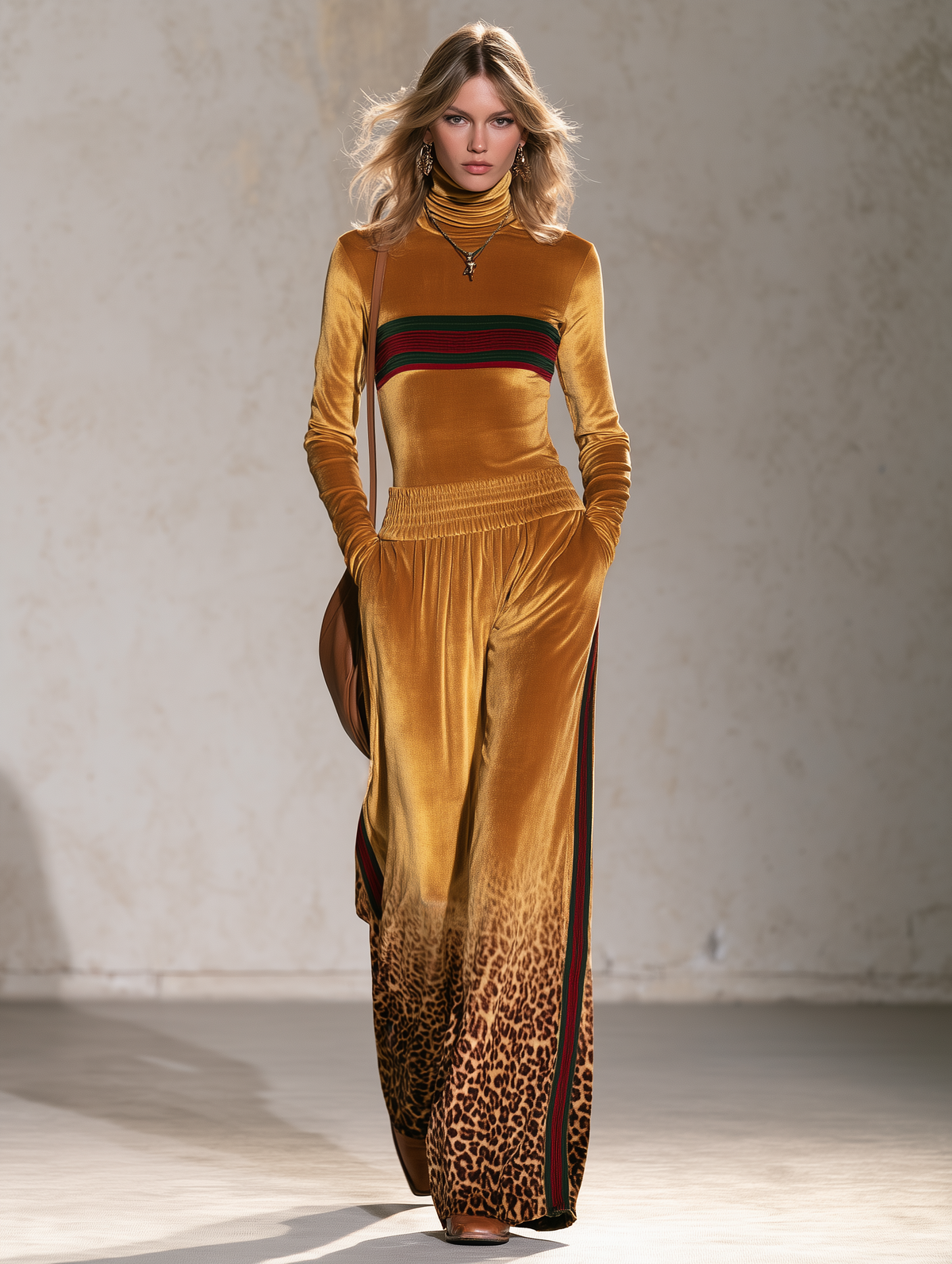 Retro Chic Mustard Velvet Leopard Turtleneck Top & Wide-Leg Pants Set - By Qivii