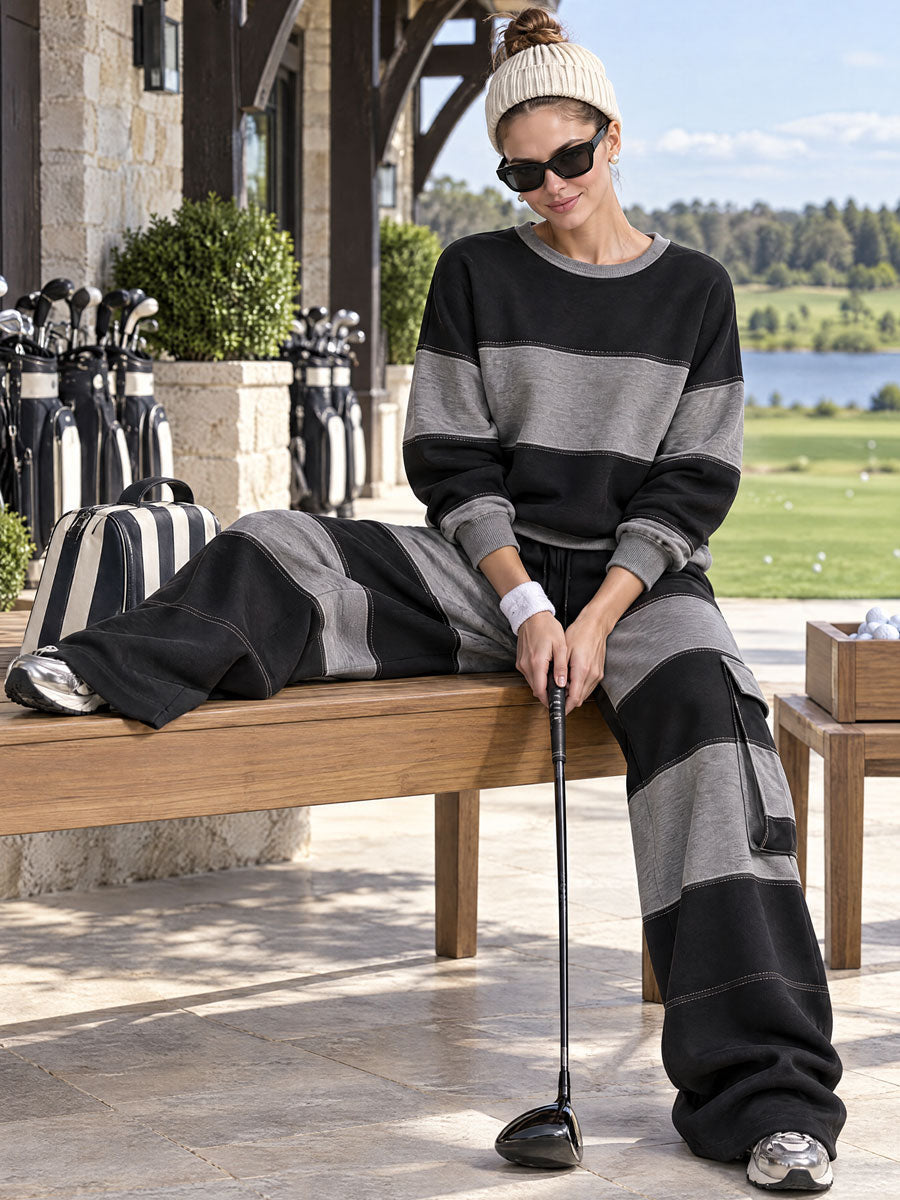 Casual Sports Black And Gray Striped Cotton Crew Neck Sweatshirt And Pants Set - By Qivii