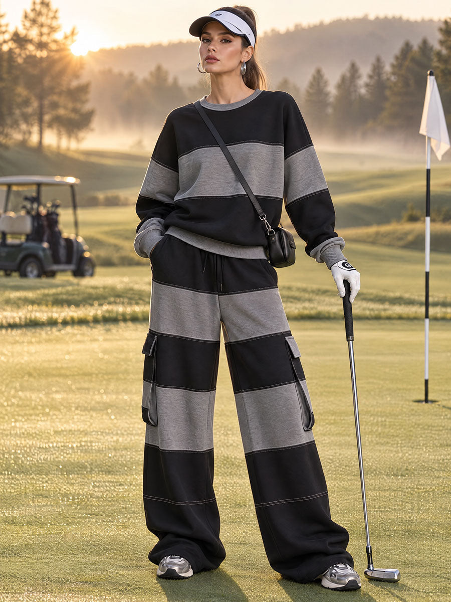 Casual Sports Black And Gray Striped Cotton Crew Neck Sweatshirt And Pants Set - By Qivii
