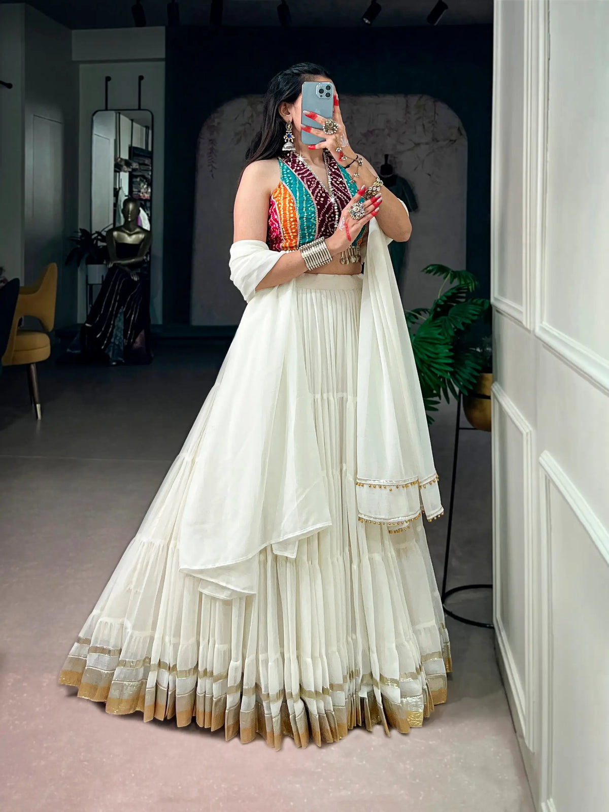 12 Meter Flair | White Garba Chaniya Choli With Mirror & Cowri Work