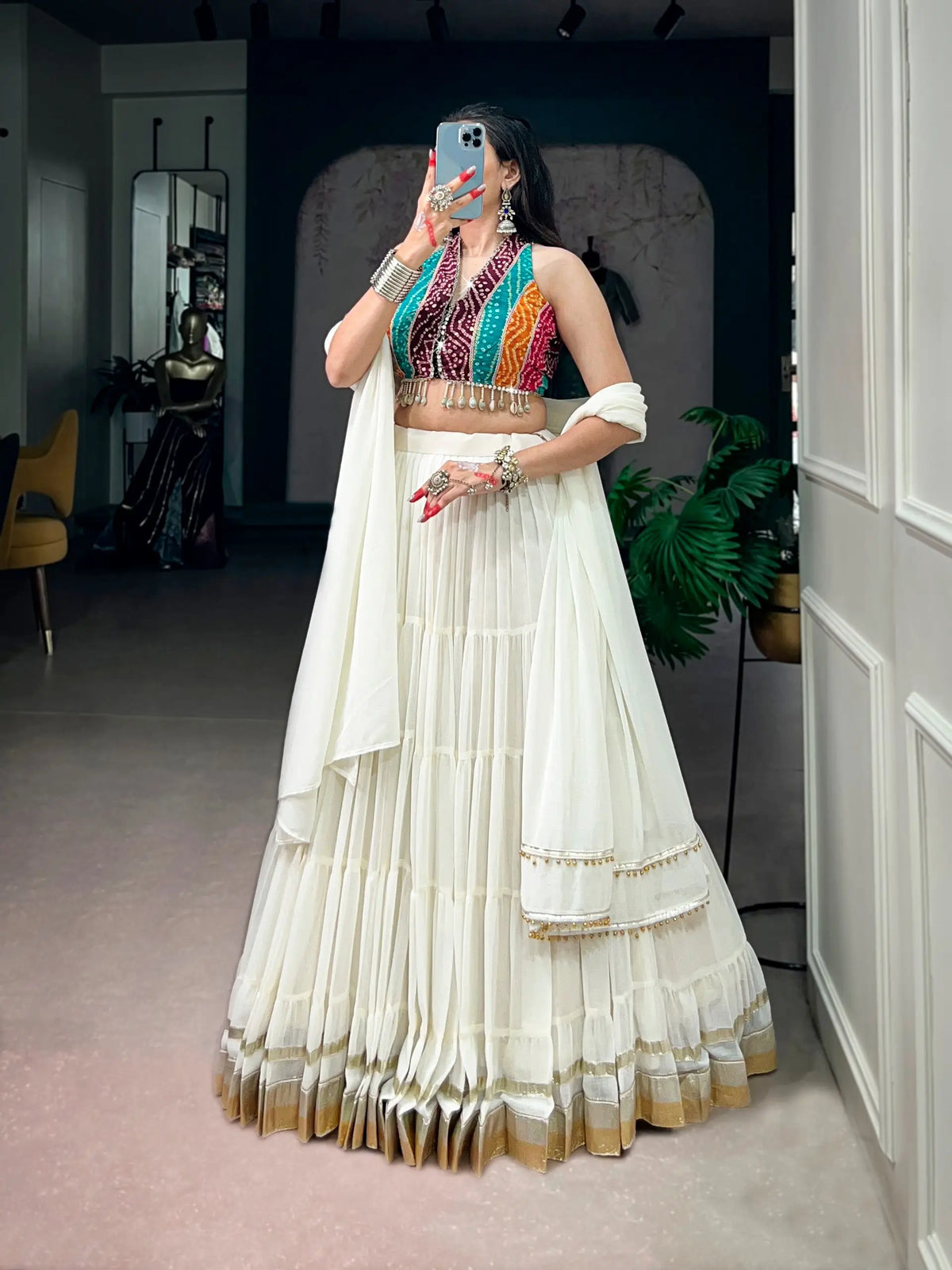 12 Meter Flair | White Garba Chaniya Choli With Mirror & Cowri Work