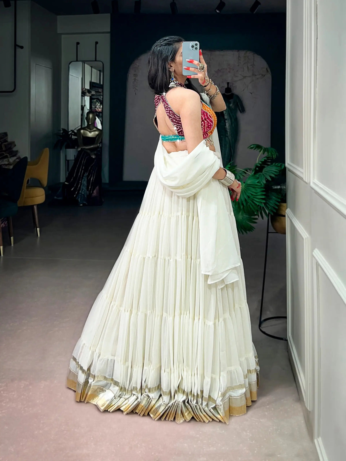 12 Meter Flair | White Garba Chaniya Choli With Mirror & Cowri Work