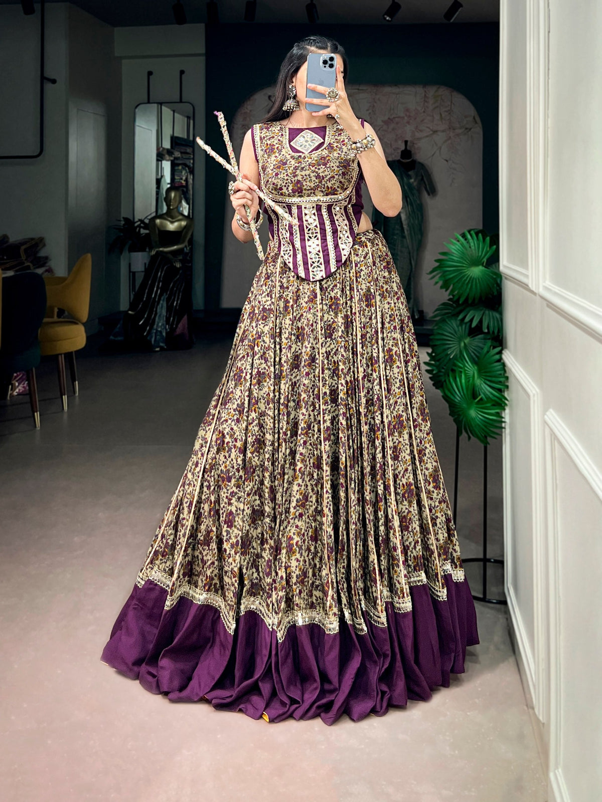 8 Meter Flair | Dark Purple Garba Chaniya Choli With Print & Mirror Lace