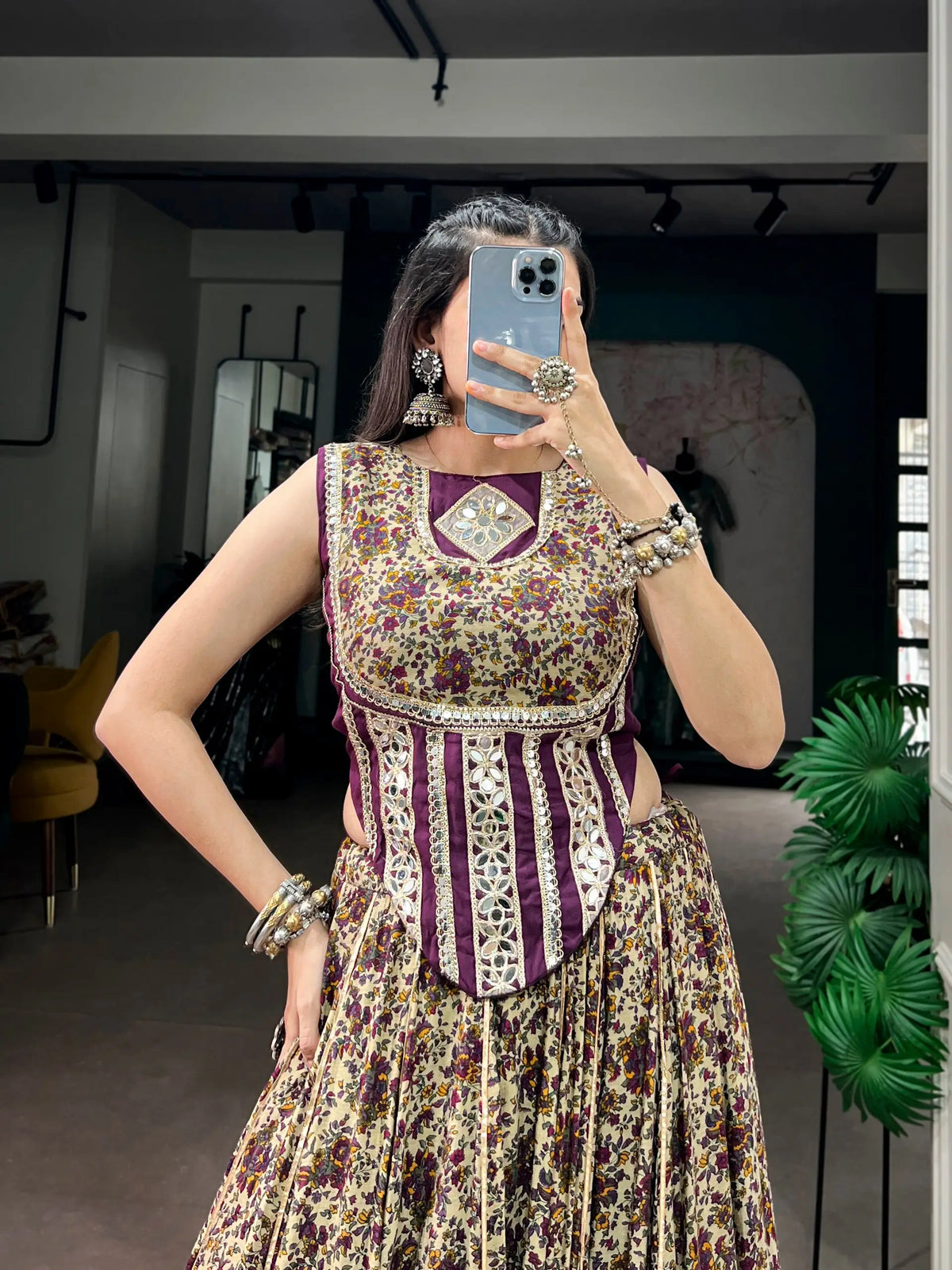 8 Meter Flair | Dark Purple Garba Chaniya Choli With Print & Mirror Lace