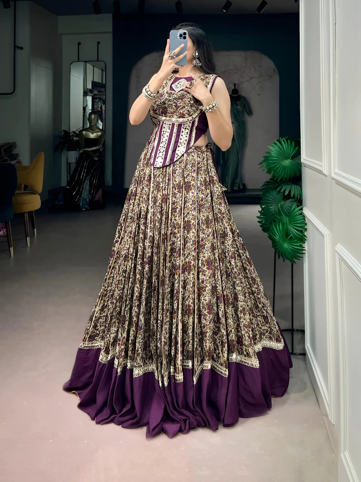 8 Meter Flair | Dark Purple Garba Chaniya Choli With Print & Mirror Lace