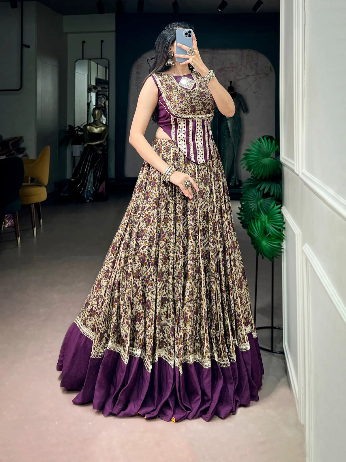 8 Meter Flair | Dark Purple Garba Chaniya Choli With Print & Mirror Lace
