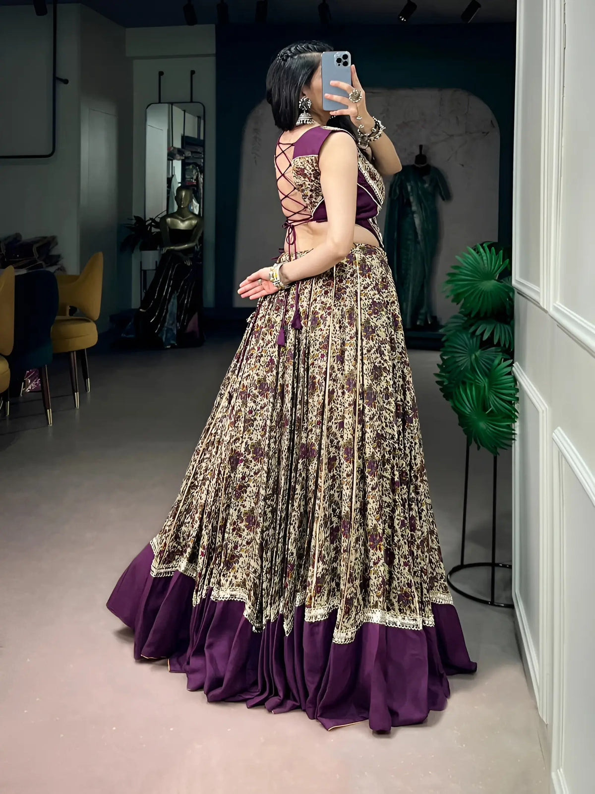 8 Meter Flair | Dark Purple Garba Chaniya Choli With Print & Mirror Lace