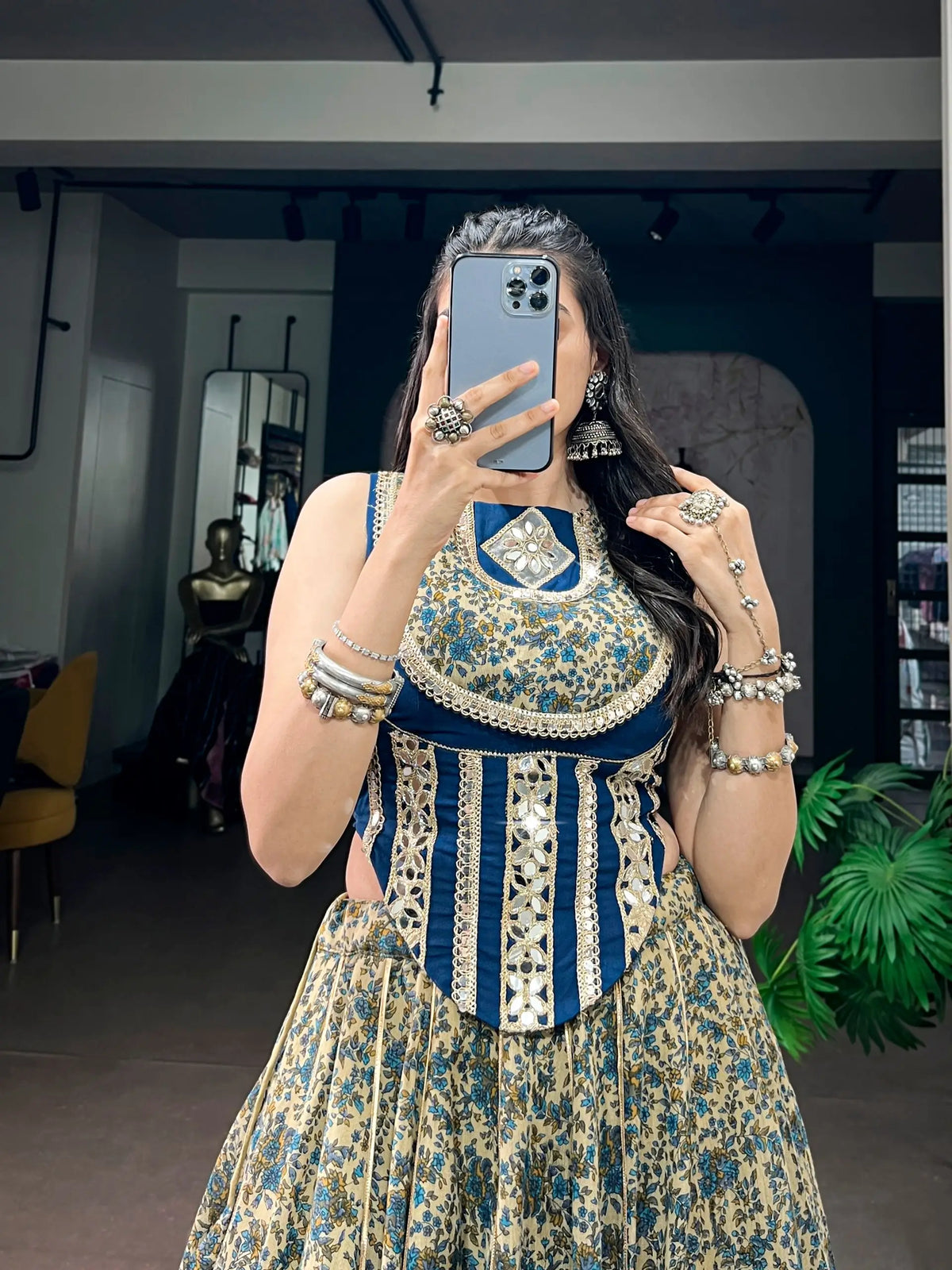 8 Meter Flair | Navy Blue Garba Chaniya Choli With Print & Mirror Lace