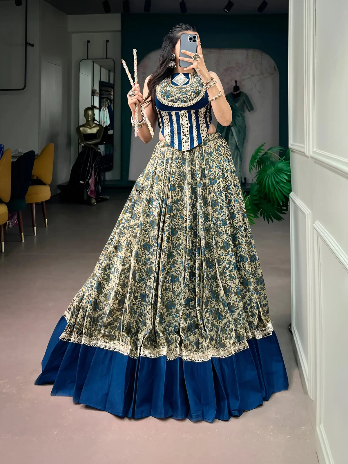 8 Meter Flair | Navy Blue Garba Chaniya Choli With Print & Mirror Lace