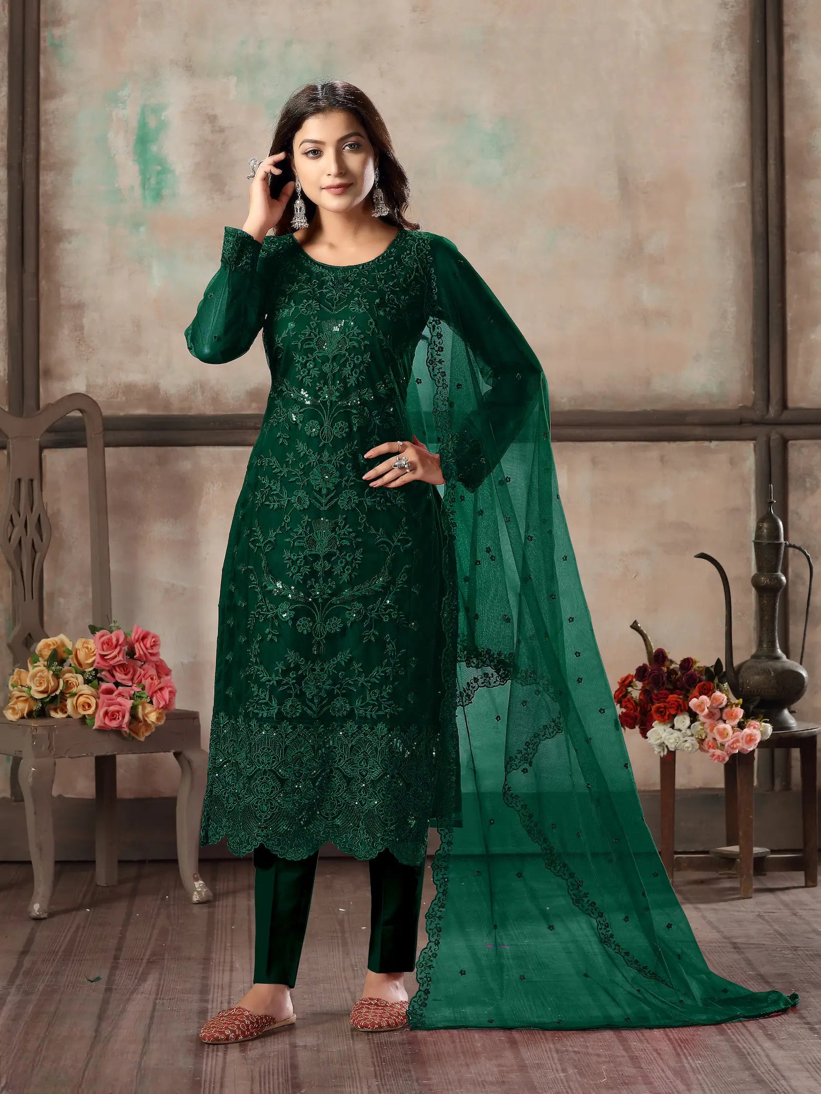 Green Net Salwar Suit With Thread & Sequence Embroidery Work - qivii