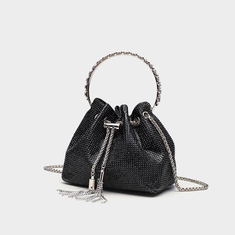 Women's Celestial Cache Bucket - Crystal-Encrusted Drawstring Minaudière with Detachable Constellation Chain